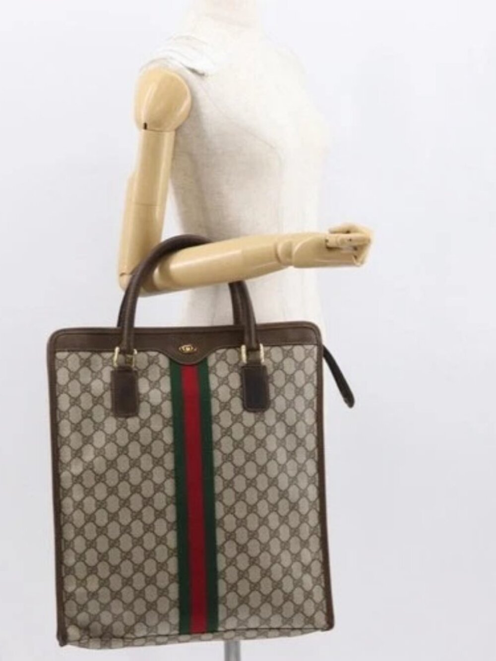 GUCCI GG Supreme Web Sherry Line Tote Bag PVC Beige Gold 010 378 Auth ki6347 - Picture 14 of 16